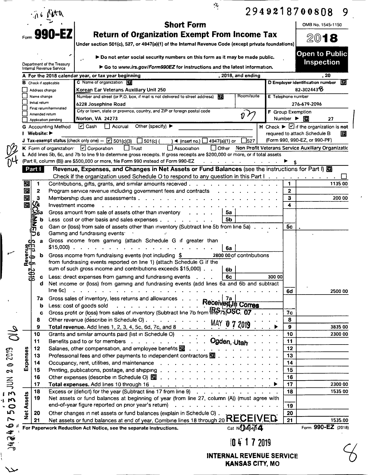 Image of first page of 2018 Form 990EZ for Korean War Veterans Auxiliary Unit 250