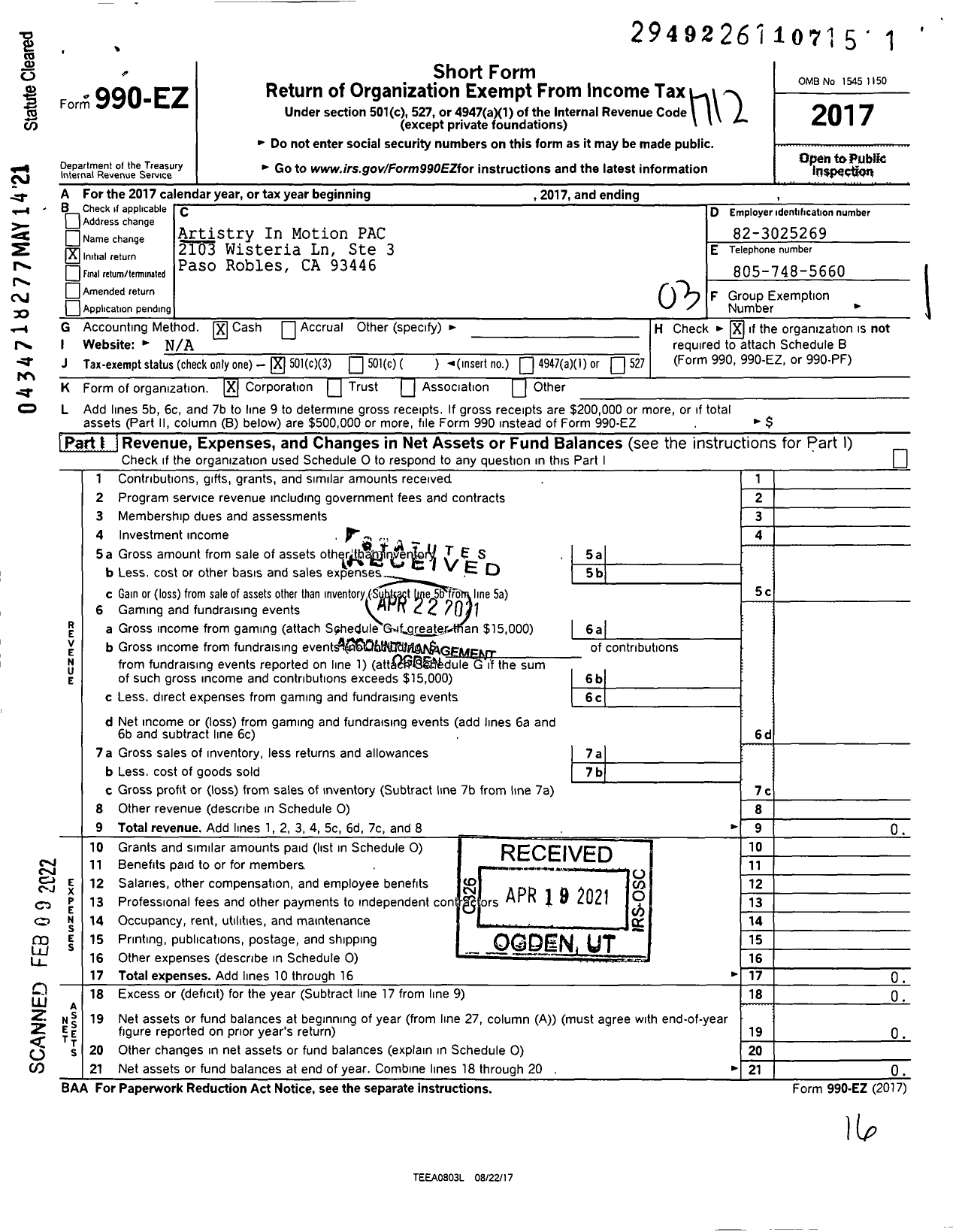 Image of first page of 2017 Form 990EZ for Artistry In Motion PAC