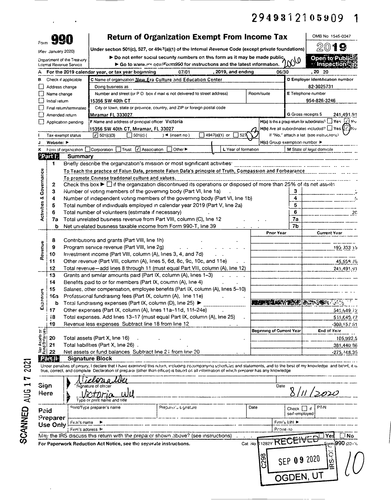 Image of first page of 2019 Form 990 for Falun Dafa Association of Florida