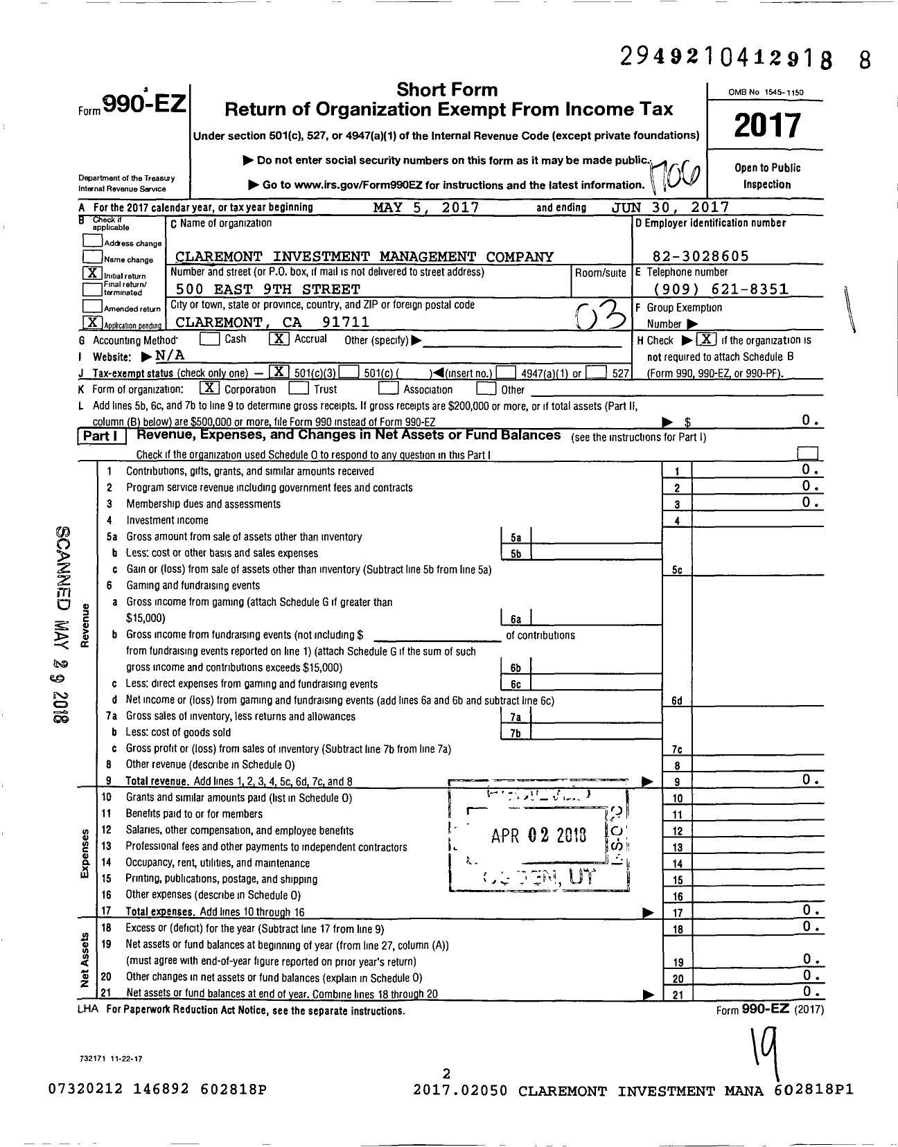 Image of first page of 2016 Form 990EZ for Claremont Investment Management Company
