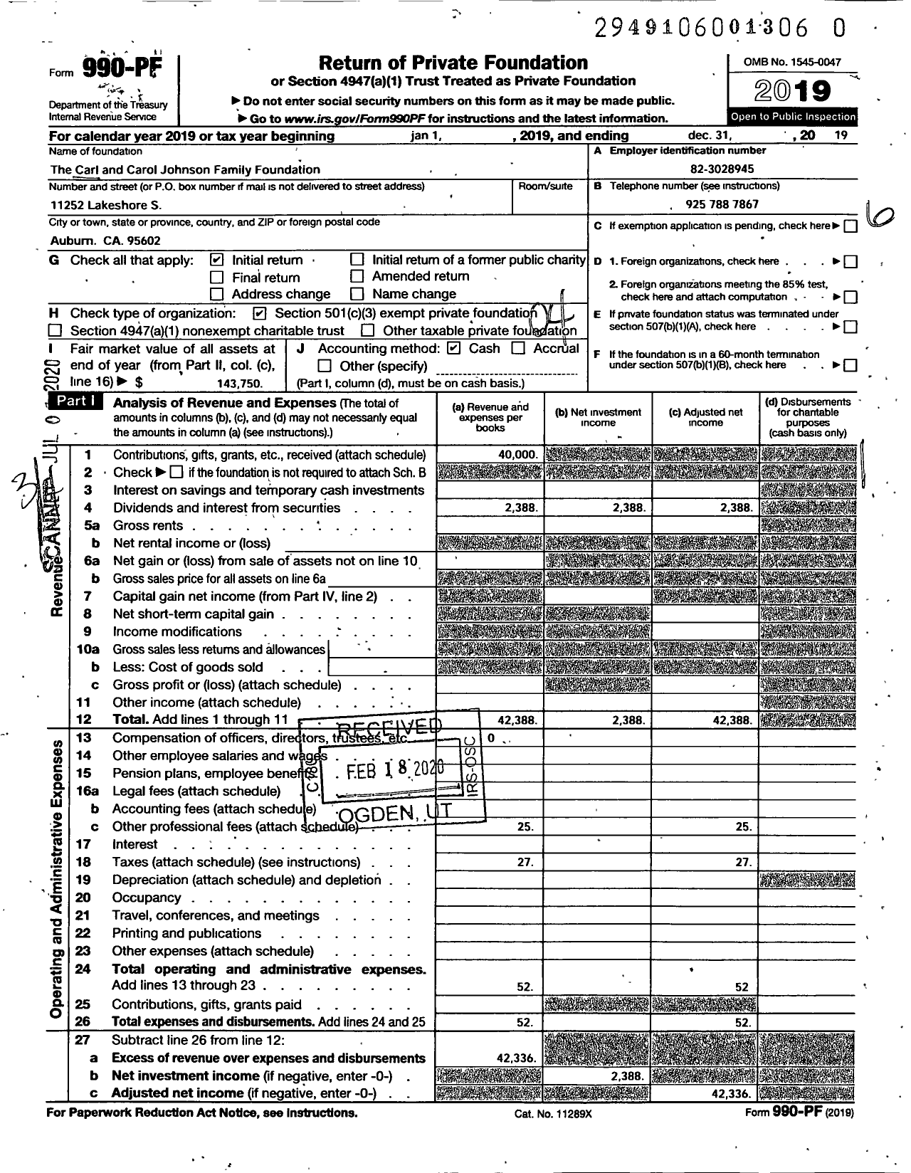 Image of first page of 2019 Form 990PR for The Carl and Carol Johnson Family Foundation