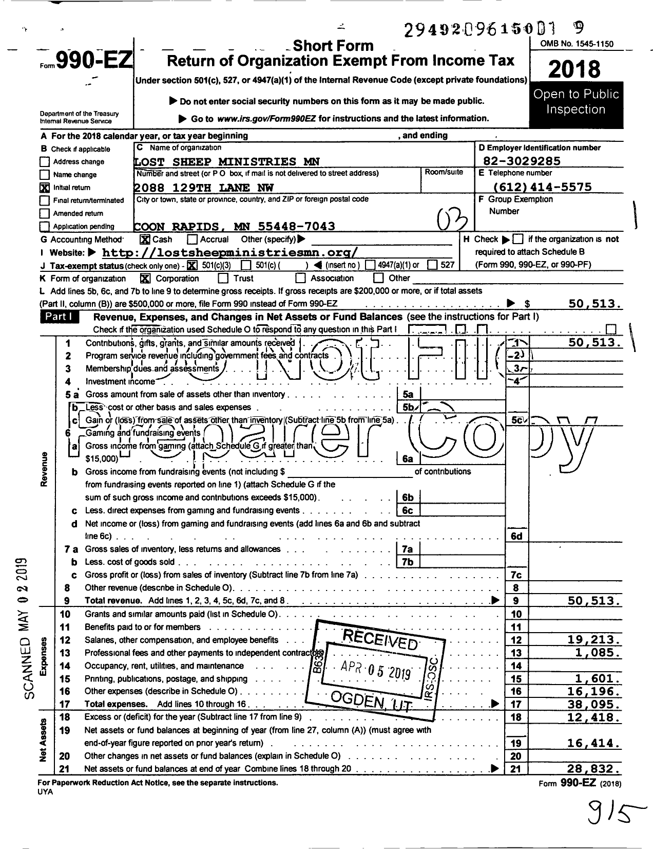 Image of first page of 2018 Form 990EZ for Lost Sheep Ministries International