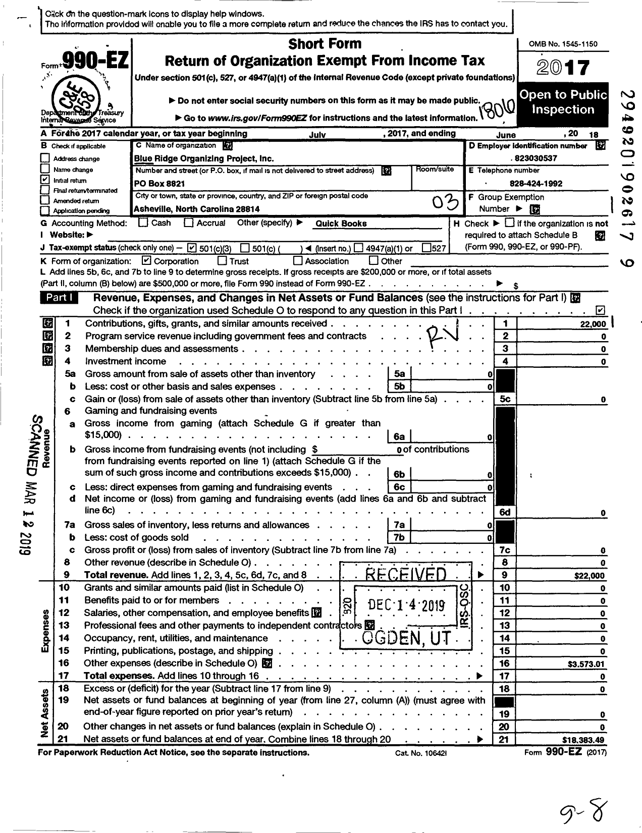 Image of first page of 2017 Form 990EZ for Blue Ridge Organizing Project