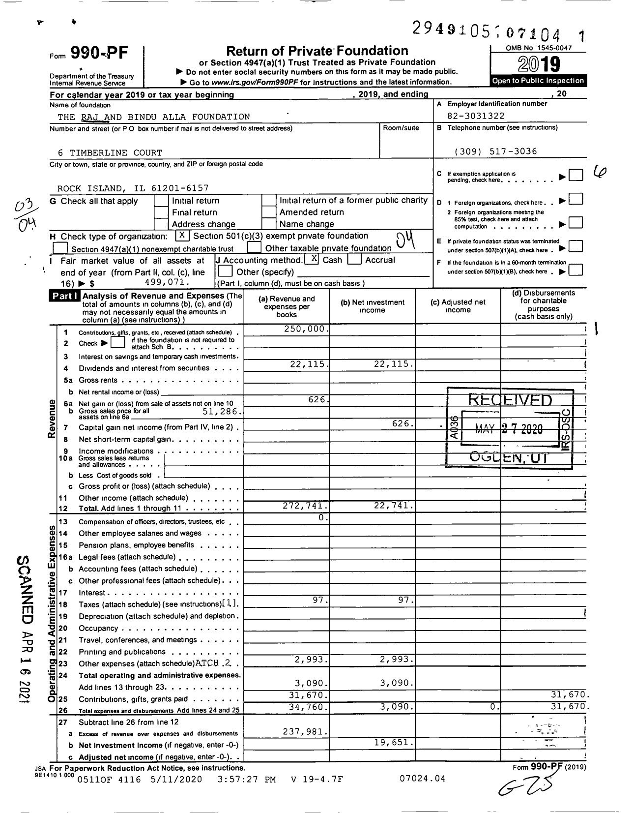 Image of first page of 2019 Form 990PF for The Raj and Bindu Alla Foundation