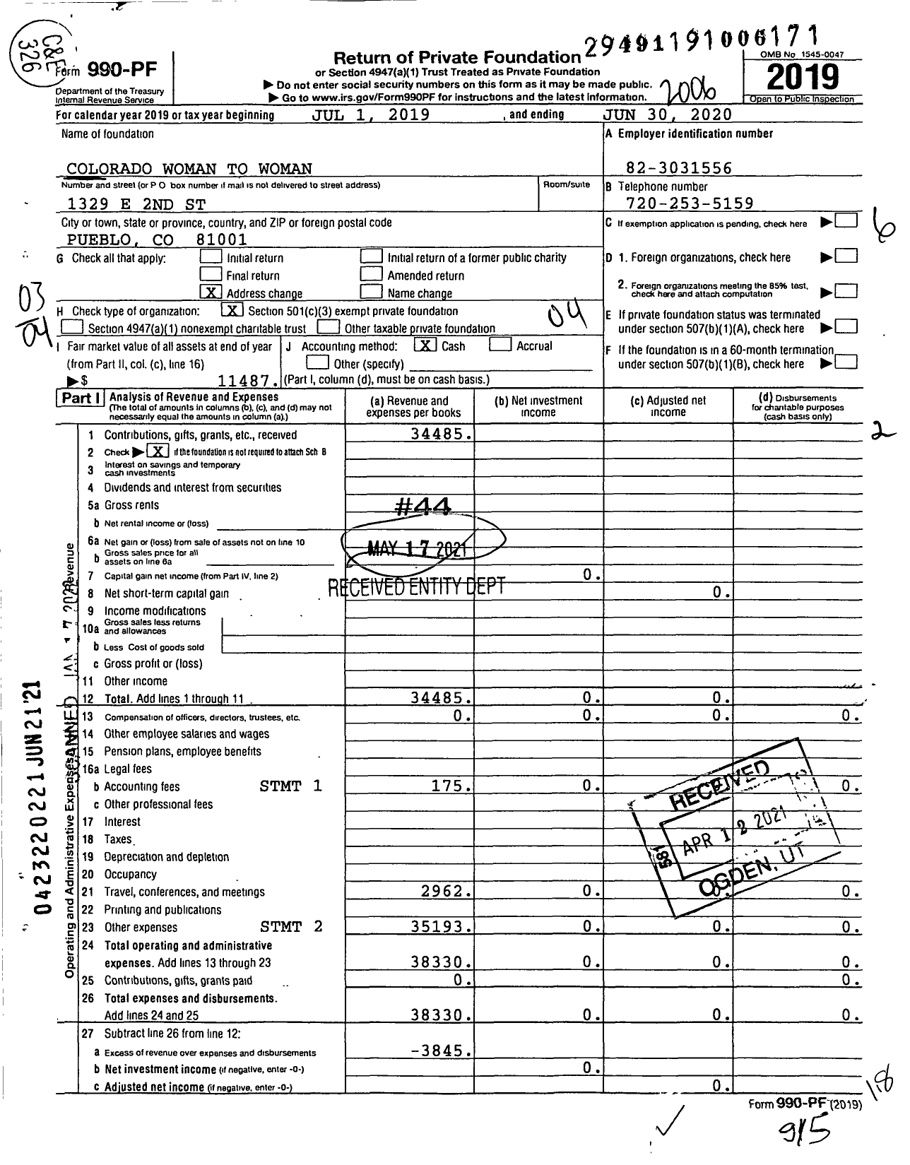 Image of first page of 2019 Form 990PF for Colorado Woman To Woman