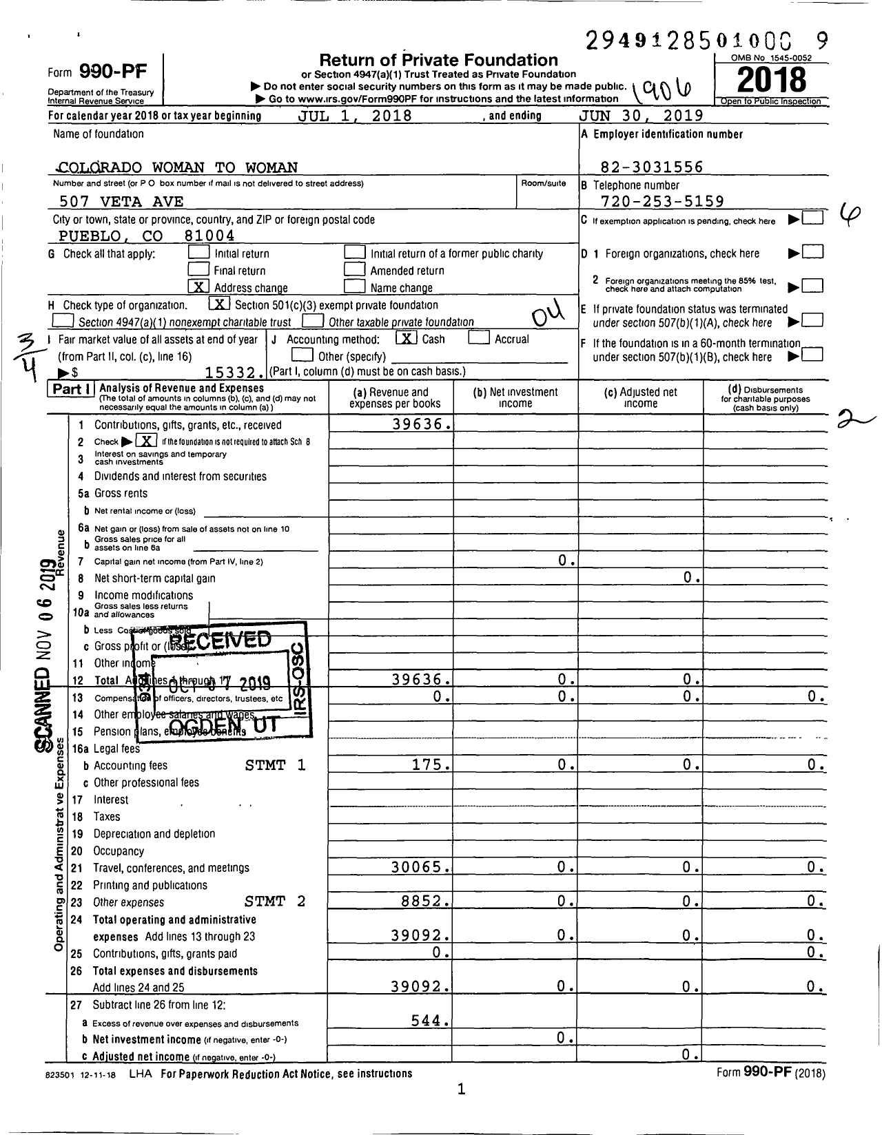 Image of first page of 2018 Form 990PF for Colorado Woman To Woman