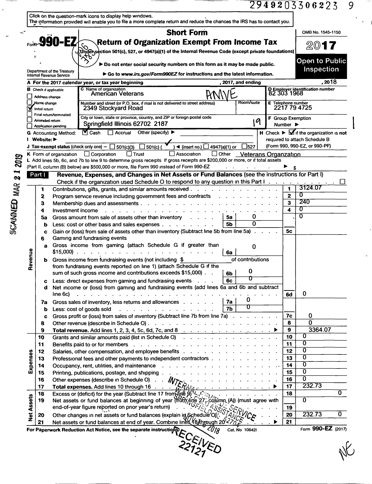 Image of first page of 2018 Form 990EO for Amvets - 94 Illinois Amvets Post