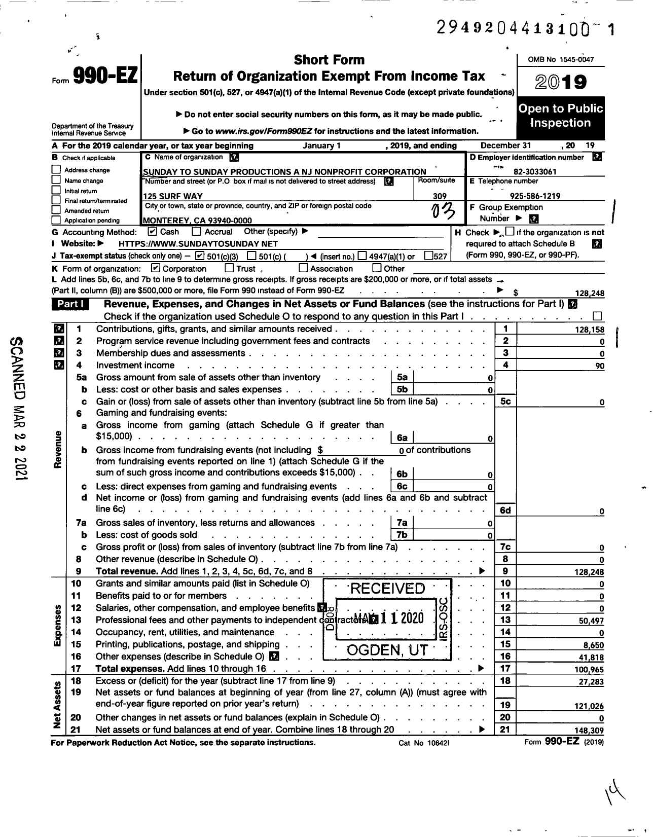 Image of first page of 2019 Form 990EZ for Sunday To Sunday Productions