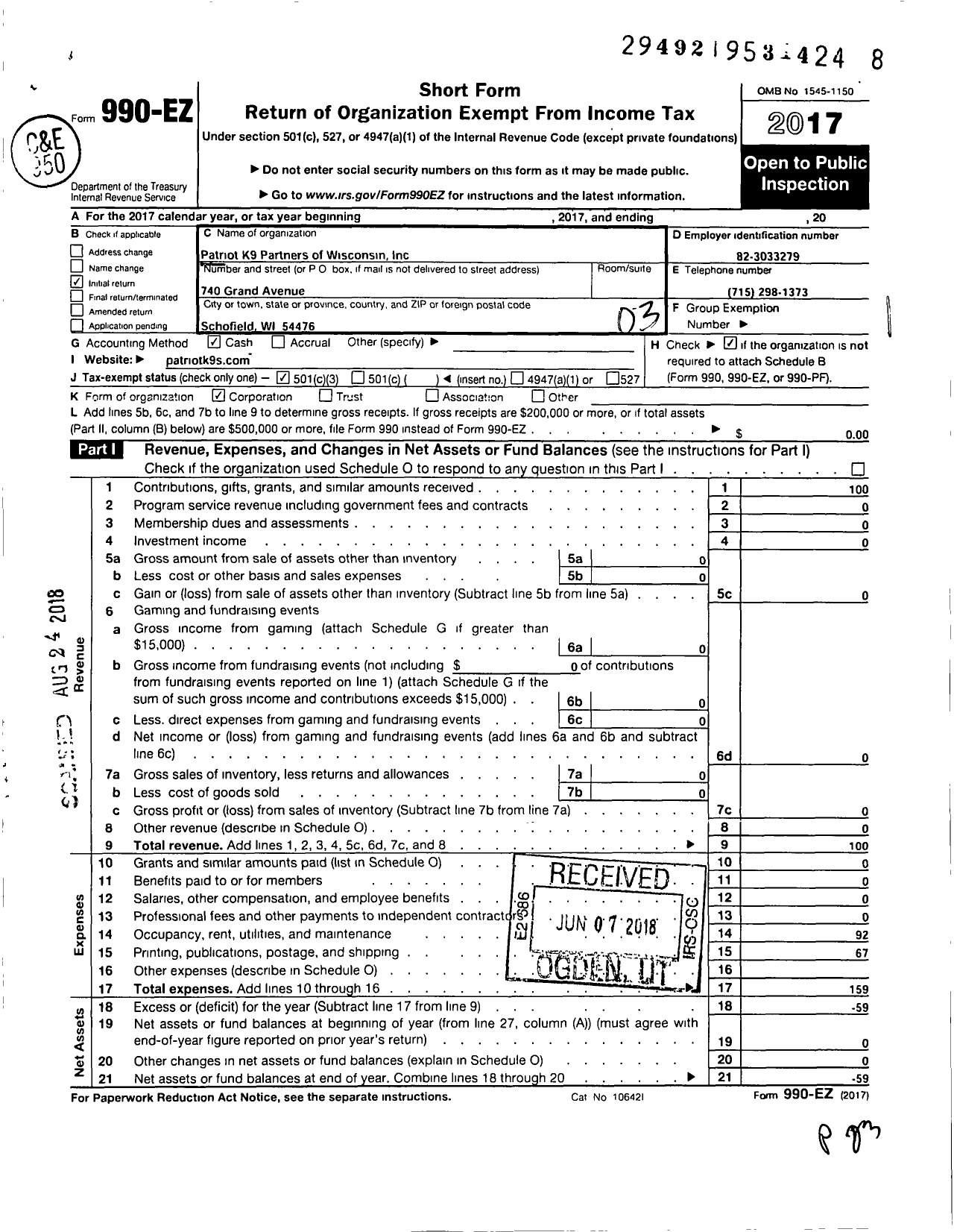 Image of first page of 2017 Form 990EZ for Patriot K9S of Wisconsin