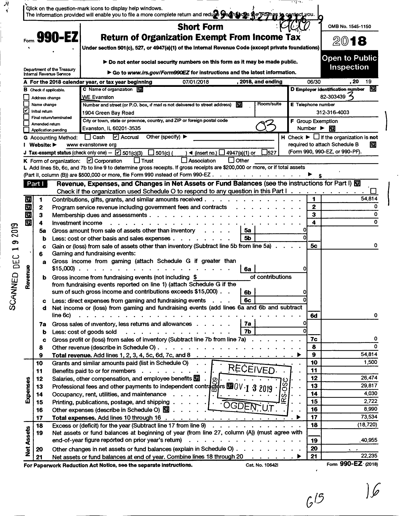 Image of first page of 2018 Form 990EZ for We Evanston