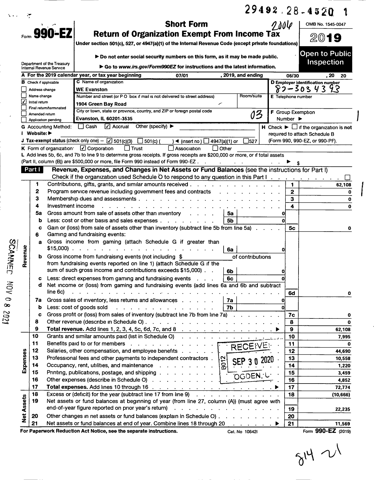 Image of first page of 2019 Form 990EZ for We Evanston