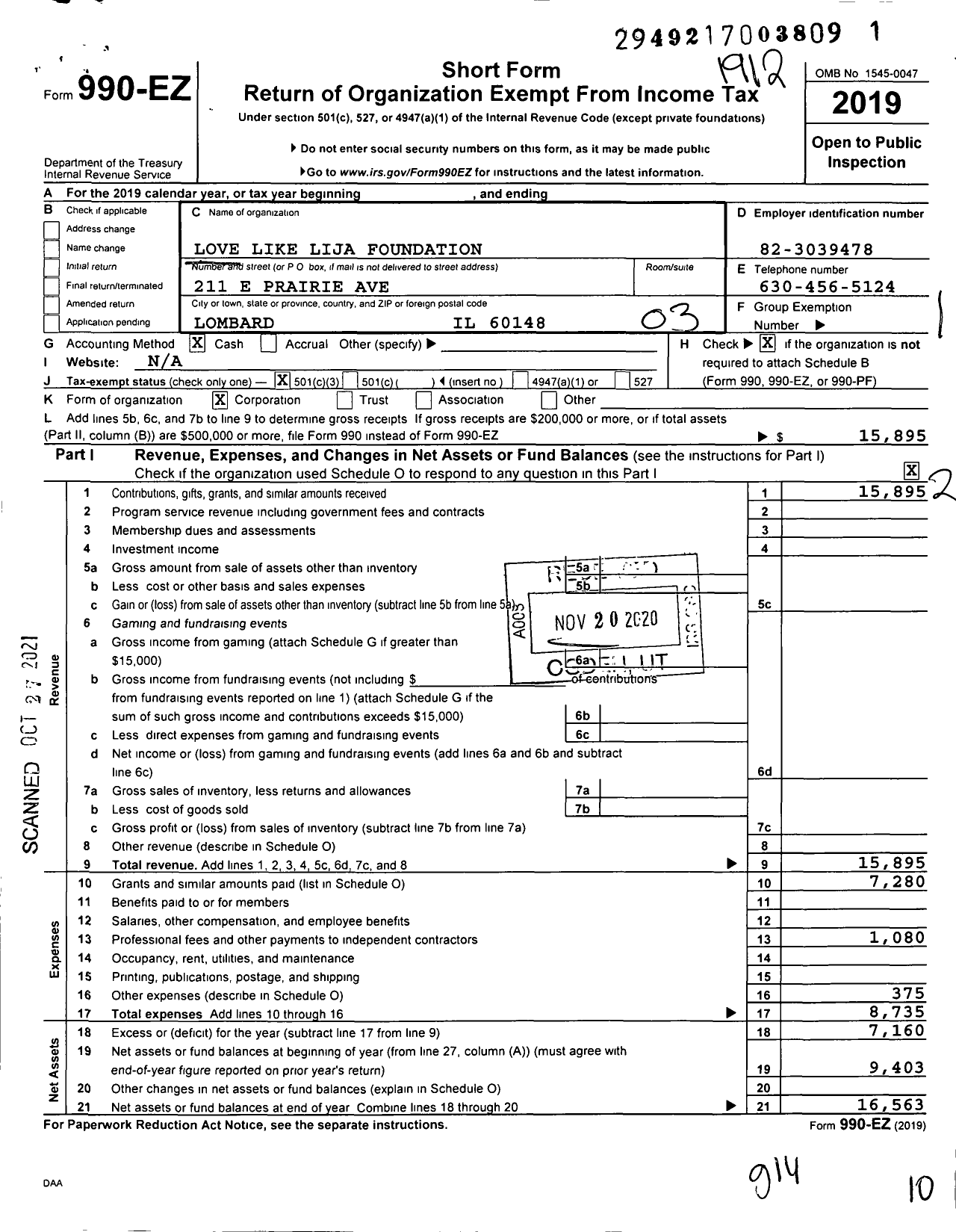 Image of first page of 2019 Form 990EZ for Love Like Lija Foundation