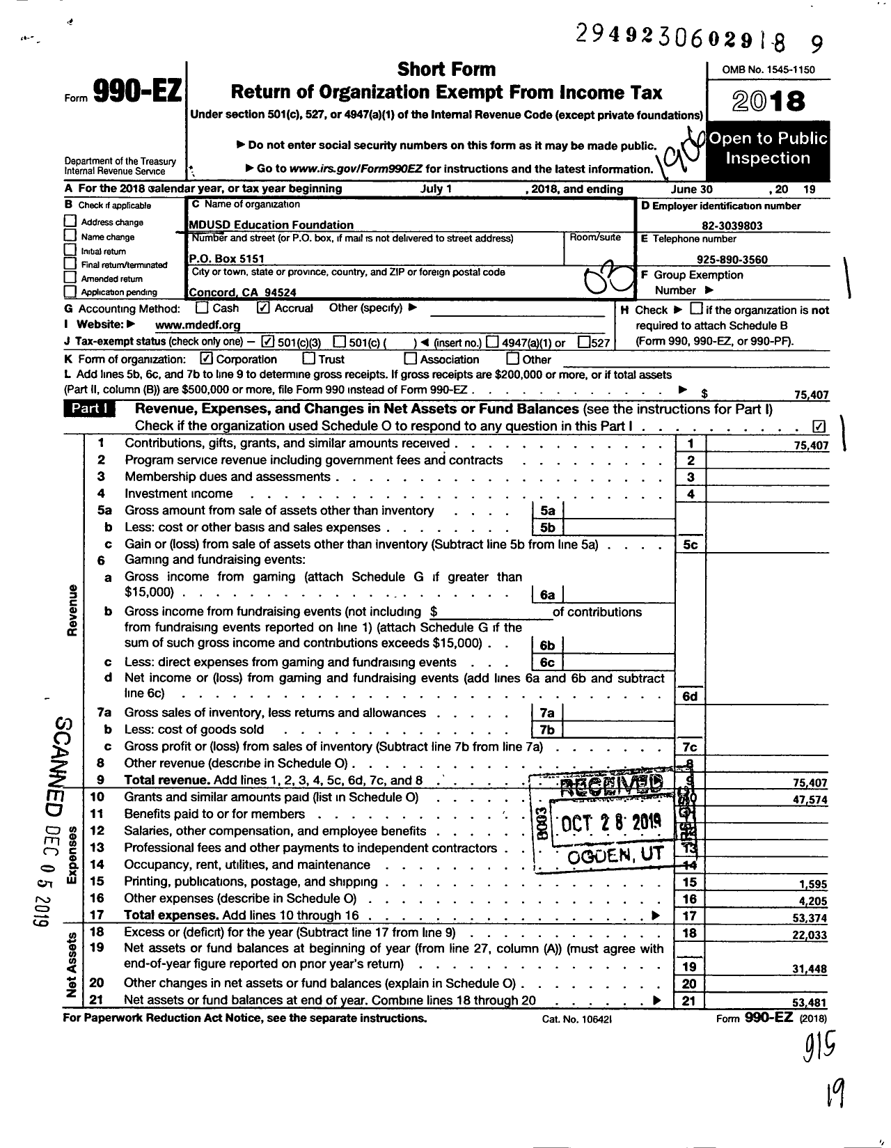 Image of first page of 2018 Form 990EZ for MT Diablo Education Foundation