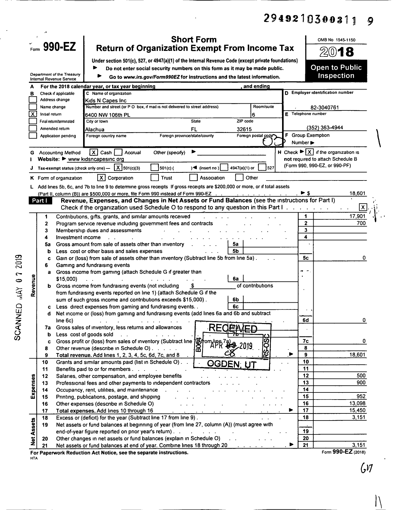 Image of first page of 2018 Form 990EZ for Kids N Capes