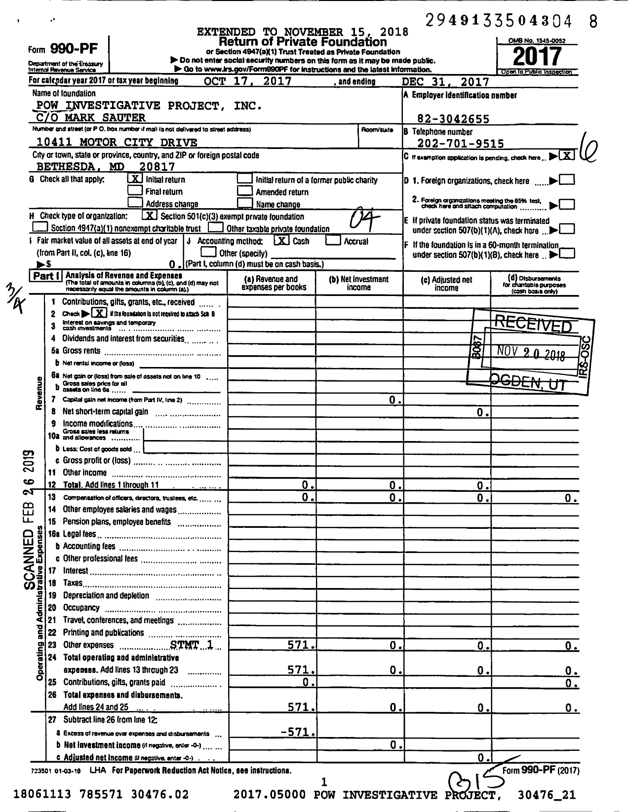 Image of first page of 2017 Form 990PF for Pow Investigative Project