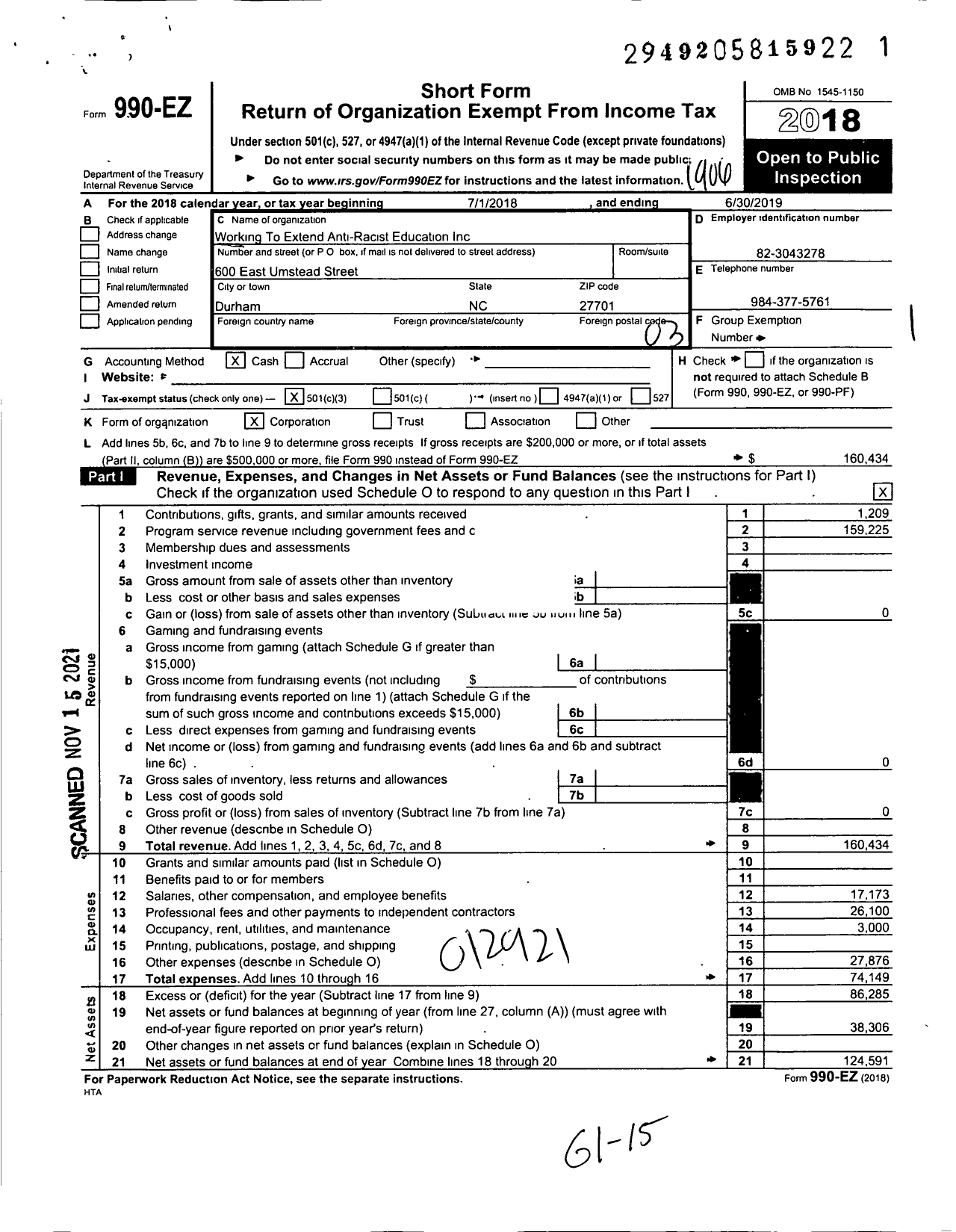 Image of first page of 2018 Form 990EZ for Working To Extend Anti-Racist Education