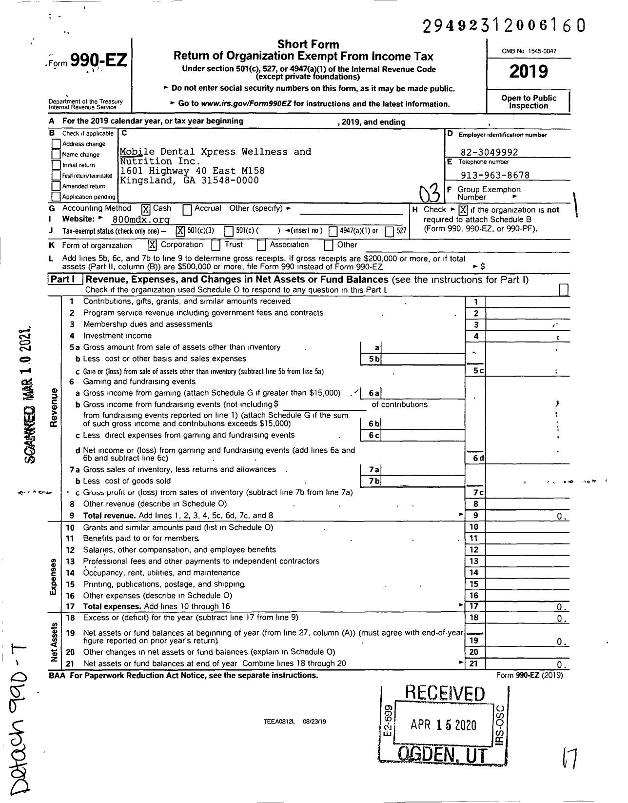 Image of first page of 2019 Form 990EZ for Mobile Dental Xpress Wellness and Nutrition