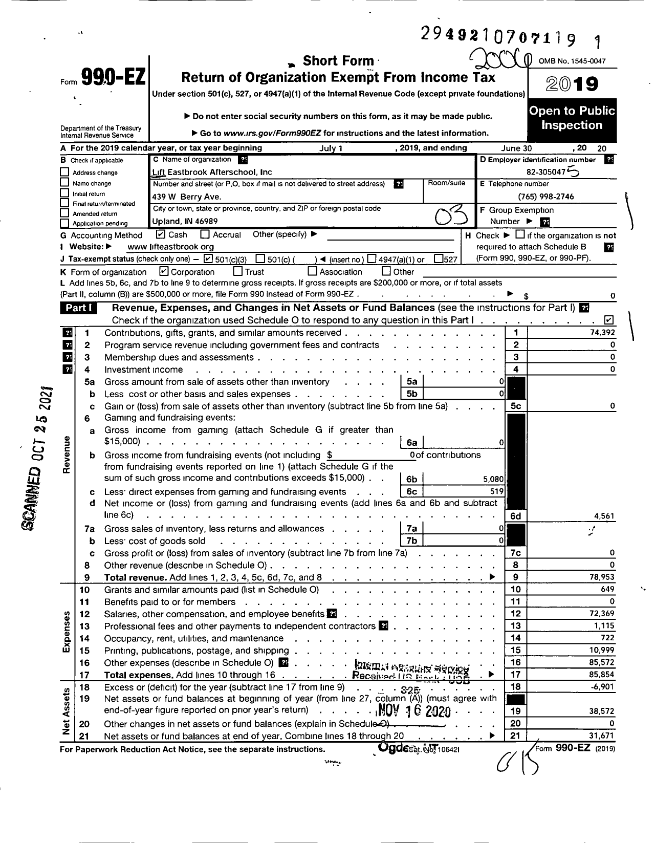 Image of first page of 2019 Form 990EZ for Lift Eastbrook Afterschool