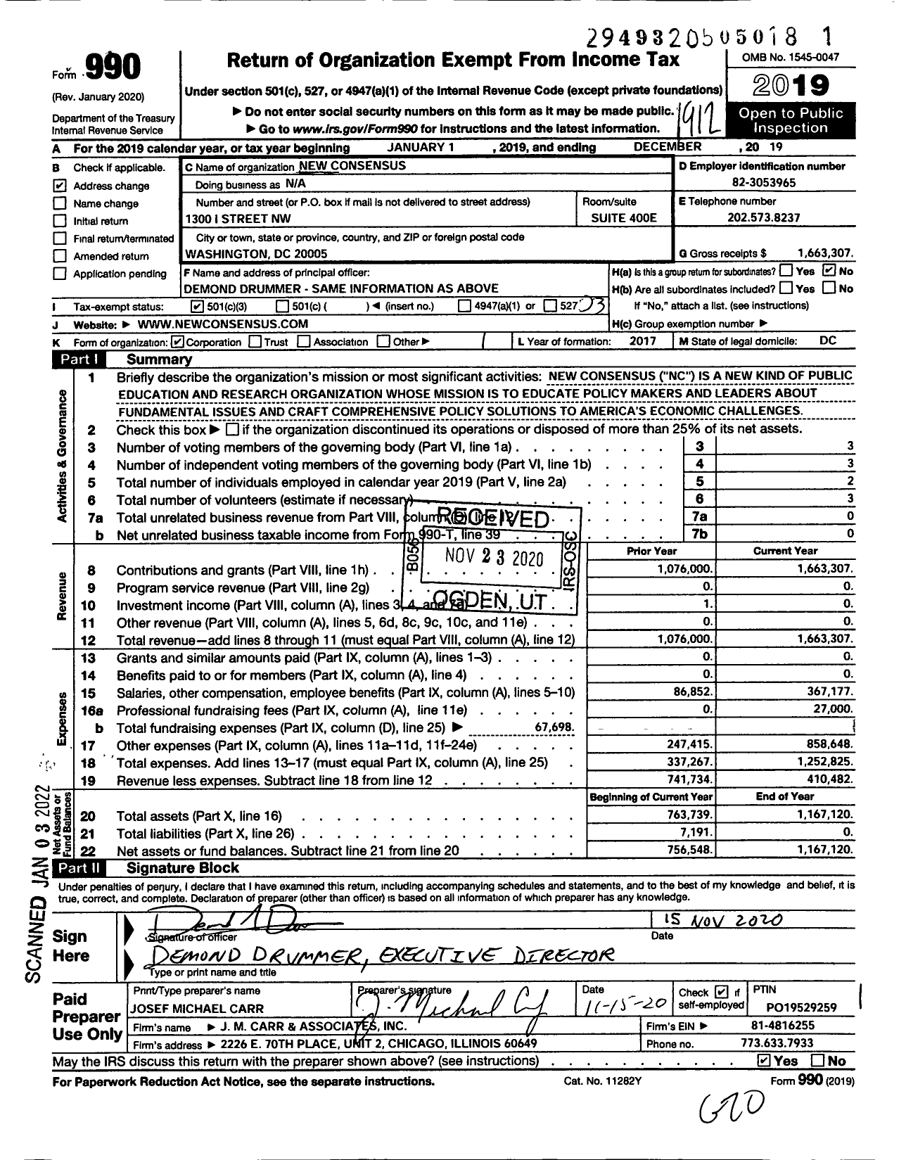 Image of first page of 2019 Form 990 for New Consensus