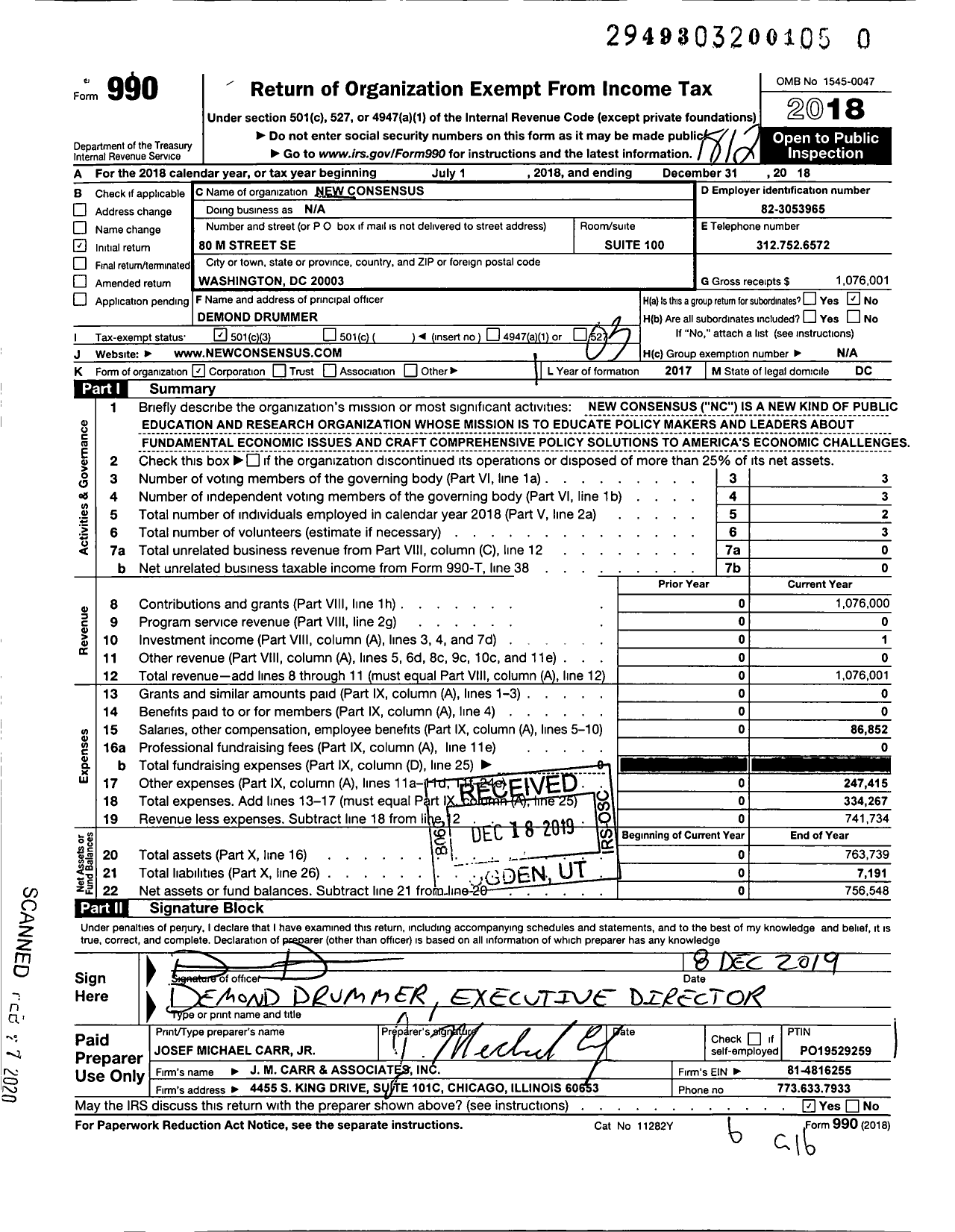 Image of first page of 2018 Form 990 for New Consensus