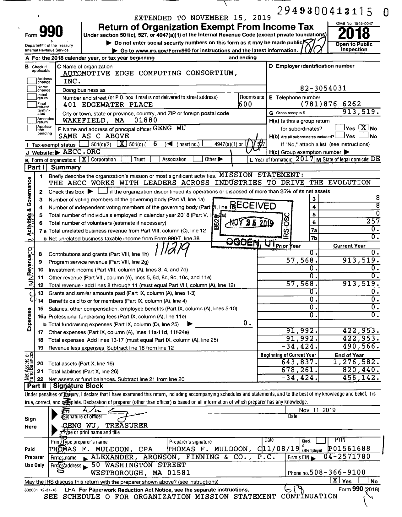 Image of first page of 2018 Form 990O for Automotive Edge Computing Consortium (AECC)