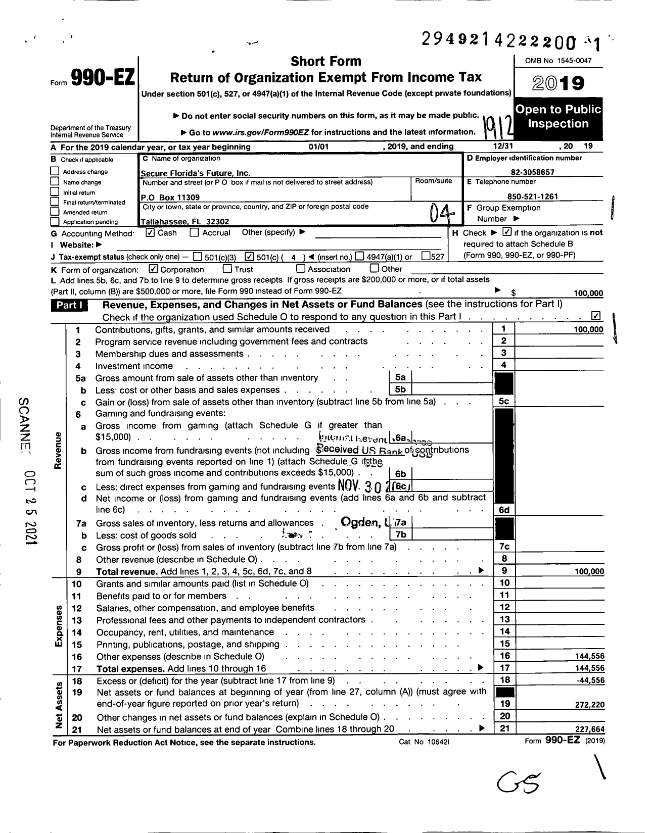 Image of first page of 2019 Form 990EO for Secure Florida's Future