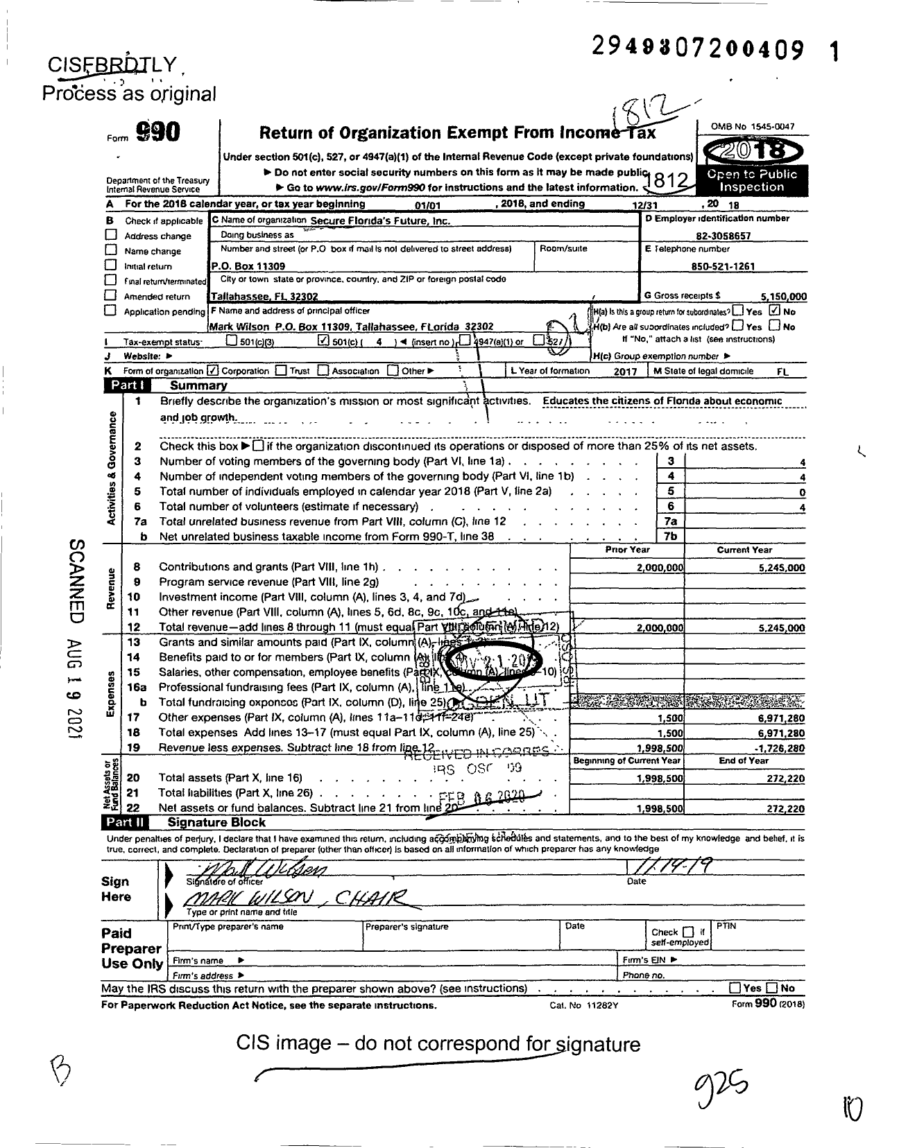 Image of first page of 2018 Form 990O for Secure Florida's Future