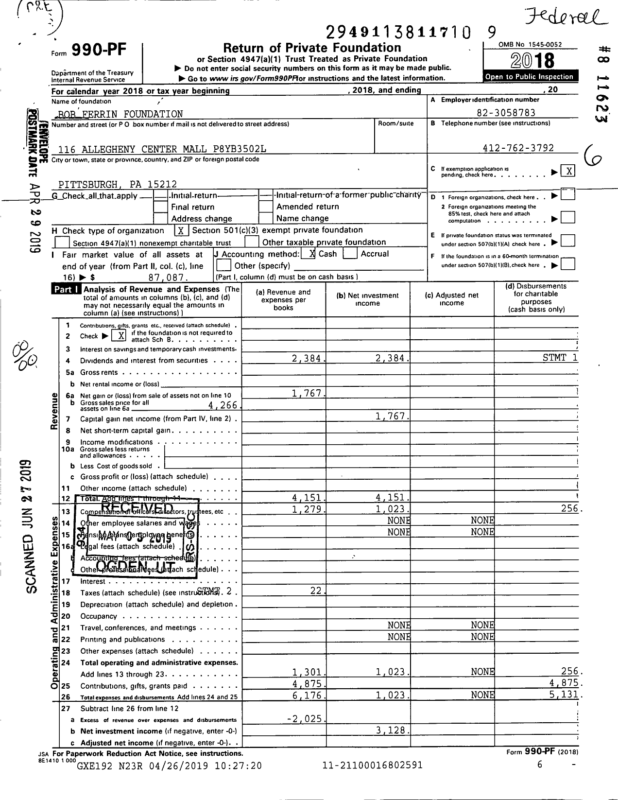 Image of first page of 2018 Form 990PF for Bob Ferrin Foundation