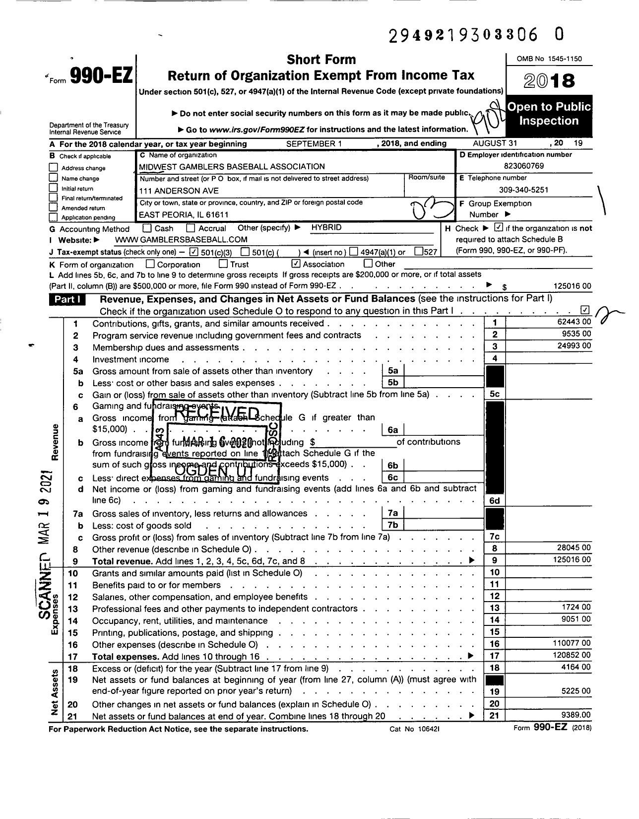 Image of first page of 2018 Form 990EZ for USA Prime Illinois