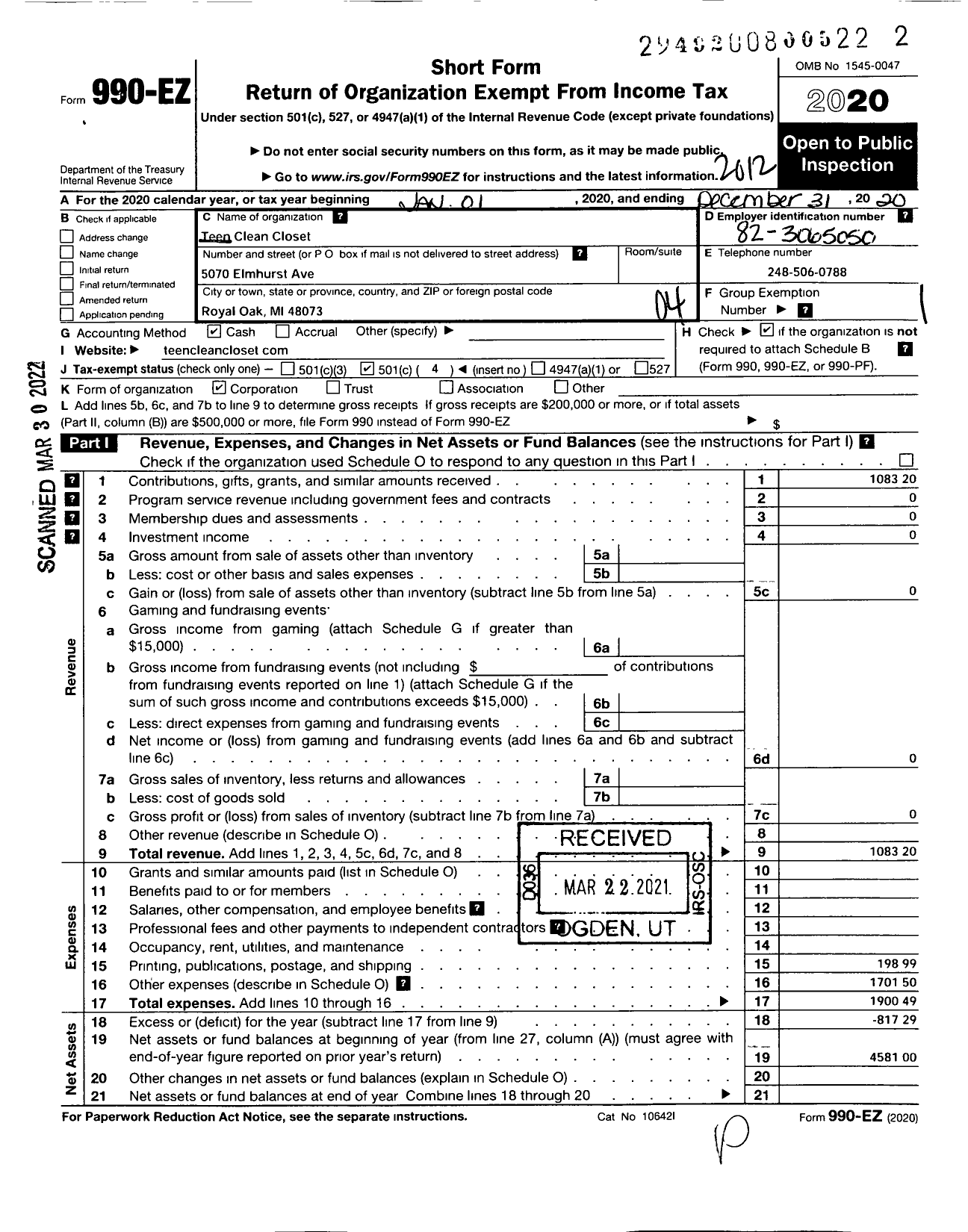 Image of first page of 2020 Form 990EO for Teen Clean Closet