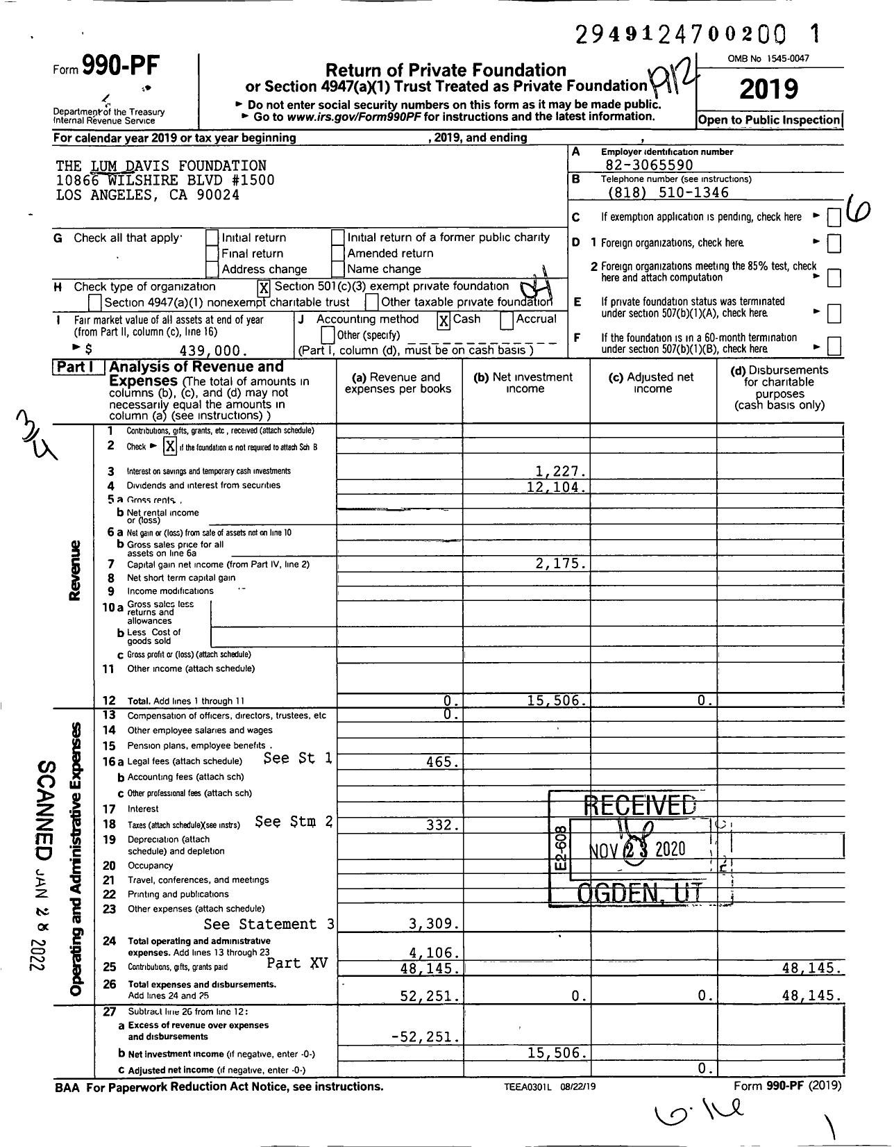 Image of first page of 2019 Form 990PF for The Lum Davis Foundation