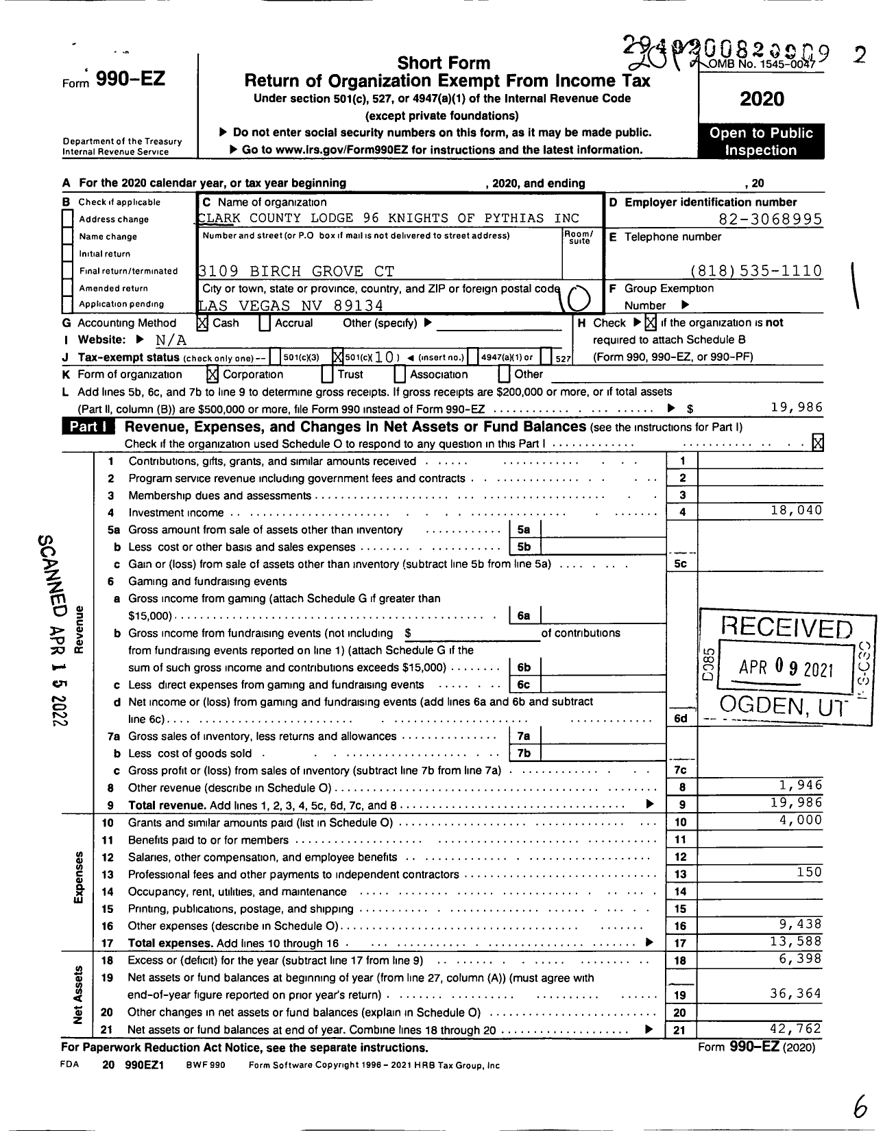 Image of first page of 2020 Form 990EO for Clark County Lodge 96 Knights of Pythias