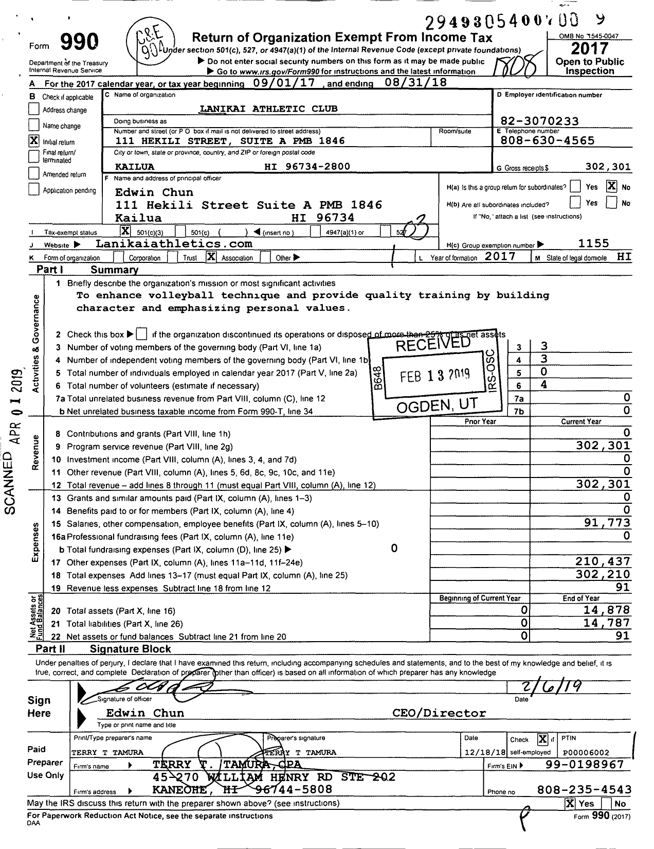 Image of first page of 2017 Form 990 for Amateur Athletic Union - Lanikai Athletic Club