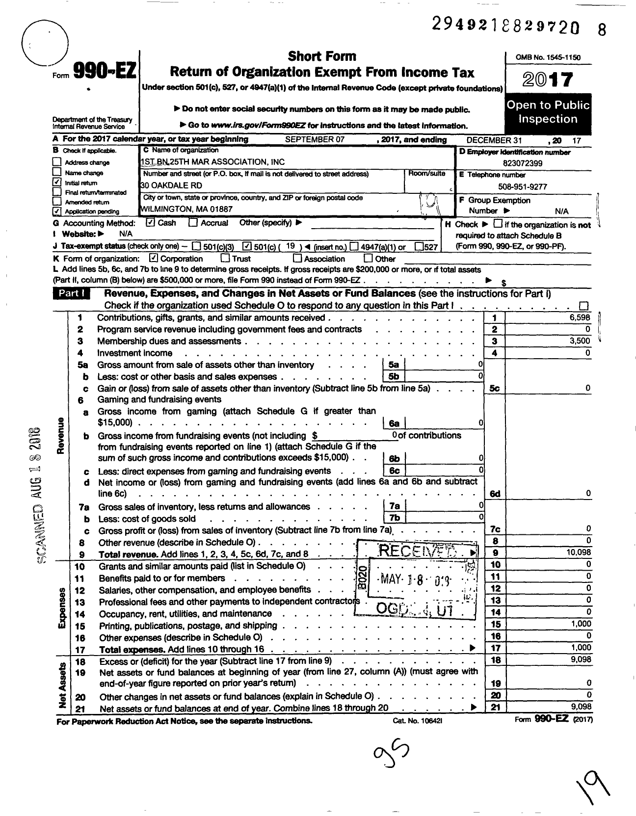 Image of first page of 2017 Form 990EO for 1st Battalion 25th Marines Association