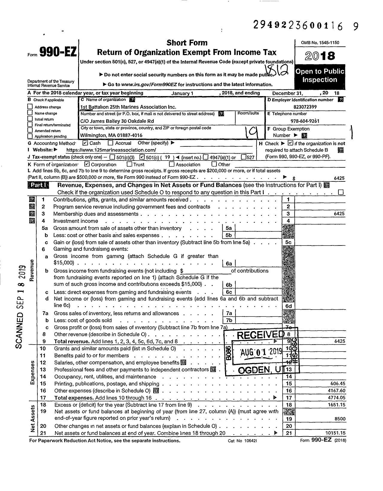 Image of first page of 2018 Form 990EO for 1st Battalion 25th Marines Association