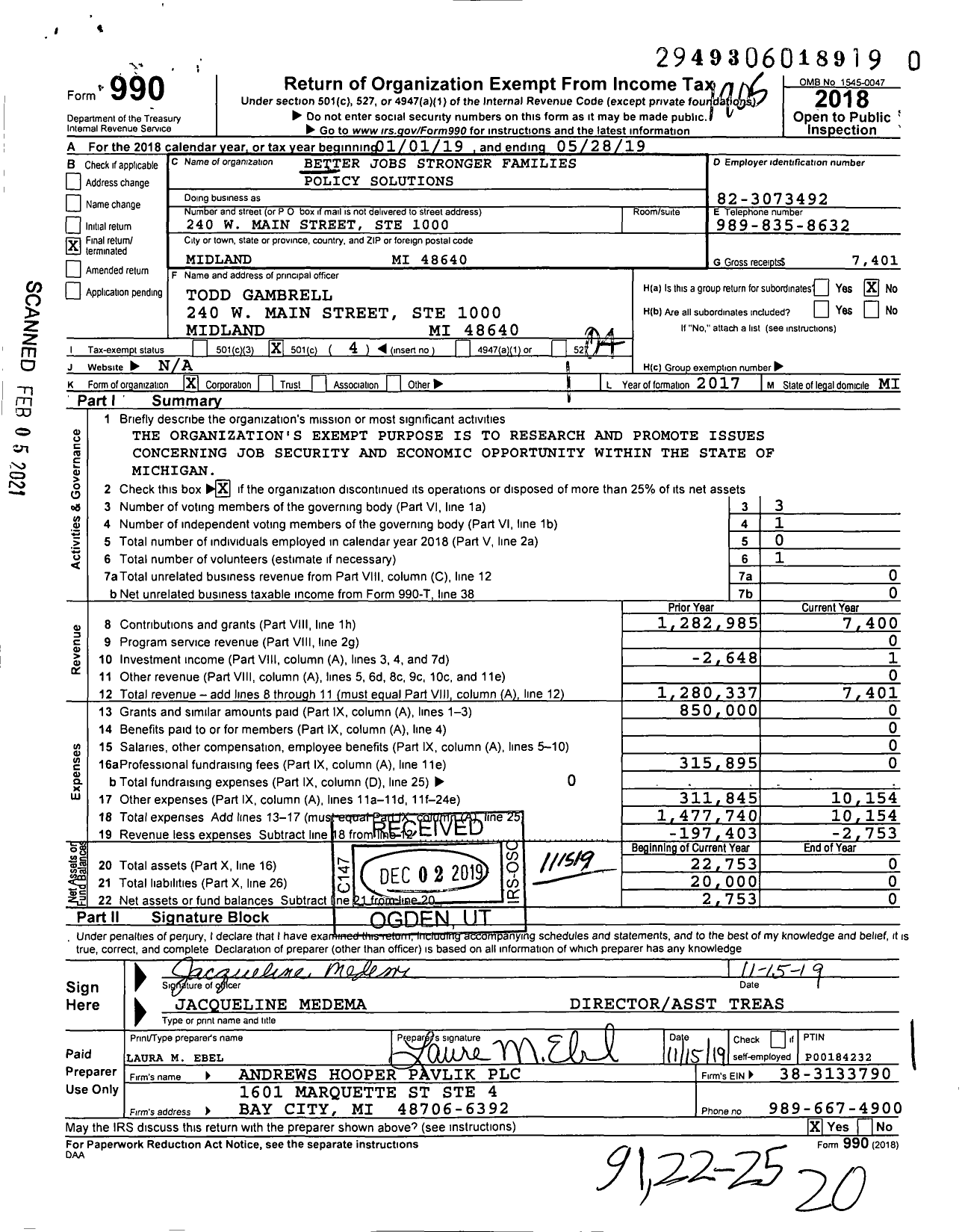 Image of first page of 2018 Form 990O for Better Jobs Stronger Families Policy Solutions