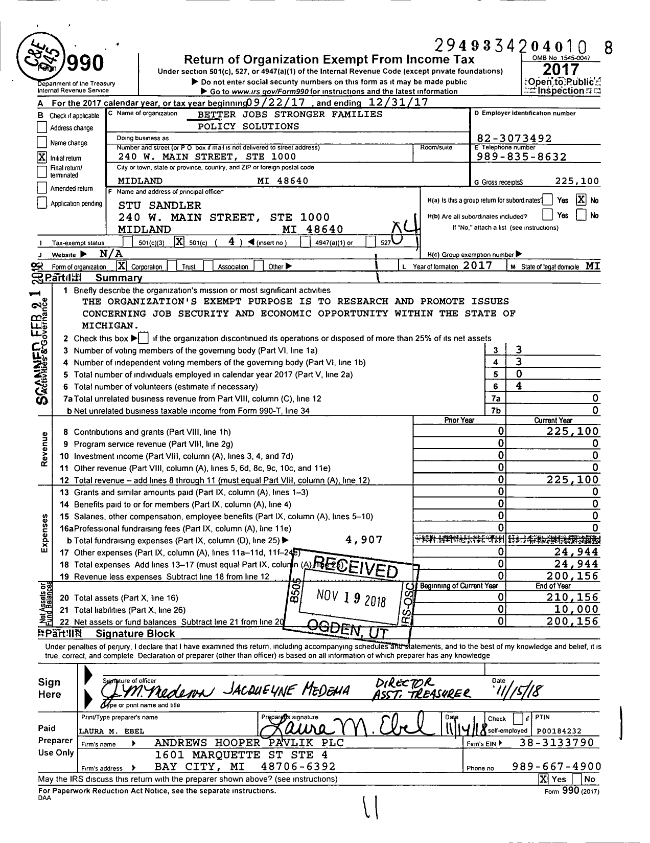 Image of first page of 2017 Form 990O for Better Jobs Stronger Families Policy Solutions