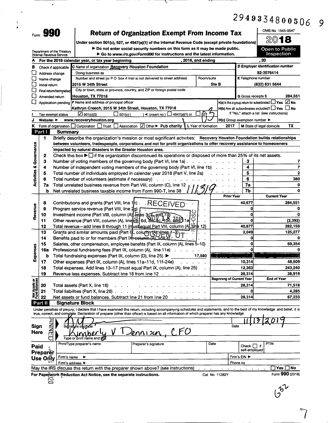 Image of first page of 2018 Form 990 for Recovery Houston Foundation