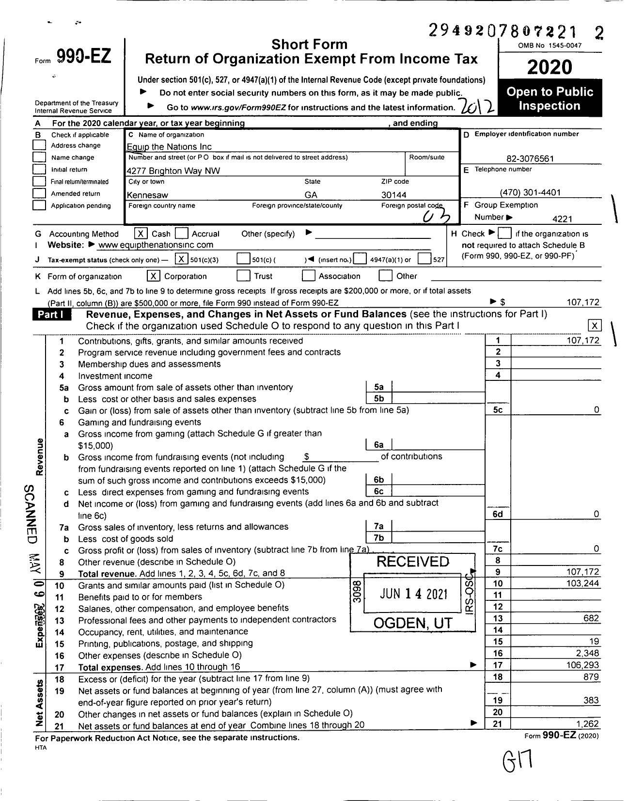 Image of first page of 2020 Form 990EZ for Equip the Nations