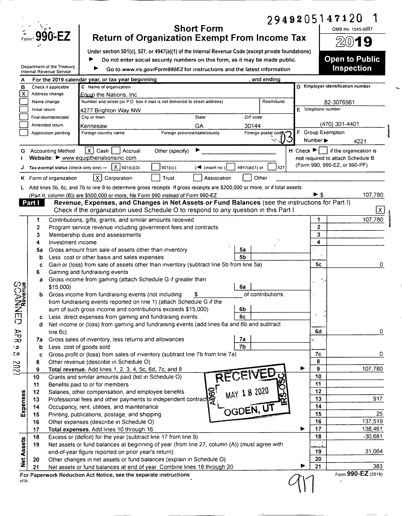 Image of first page of 2019 Form 990EZ for Equip the Nations