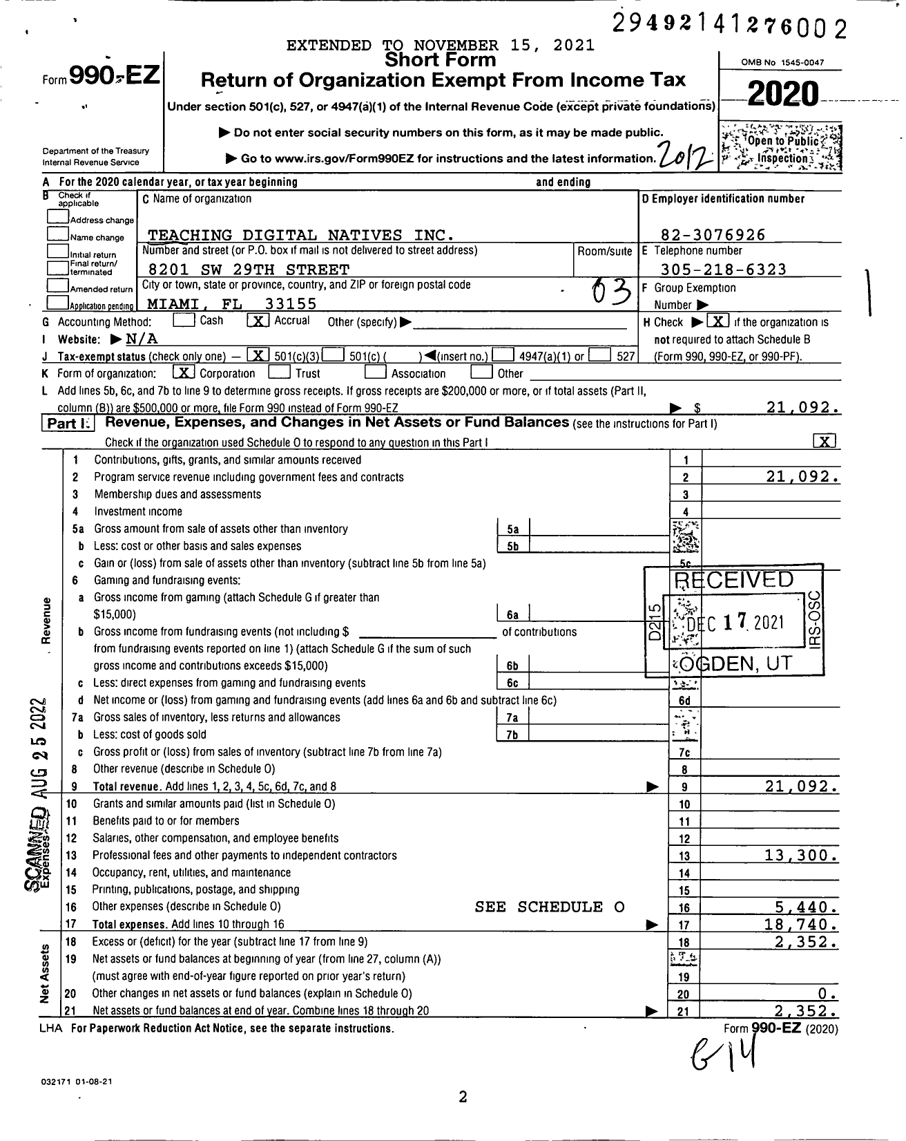 Image of first page of 2020 Form 990EZ for Teaching Digital Natives