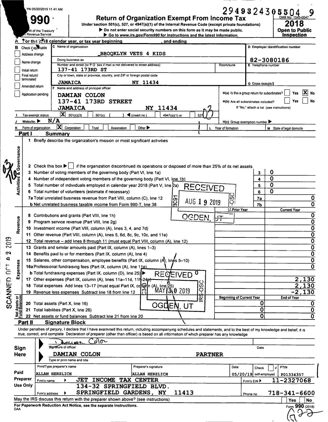 Image of first page of 2018 Form 990 for Brooklyn Vets 4 Kids