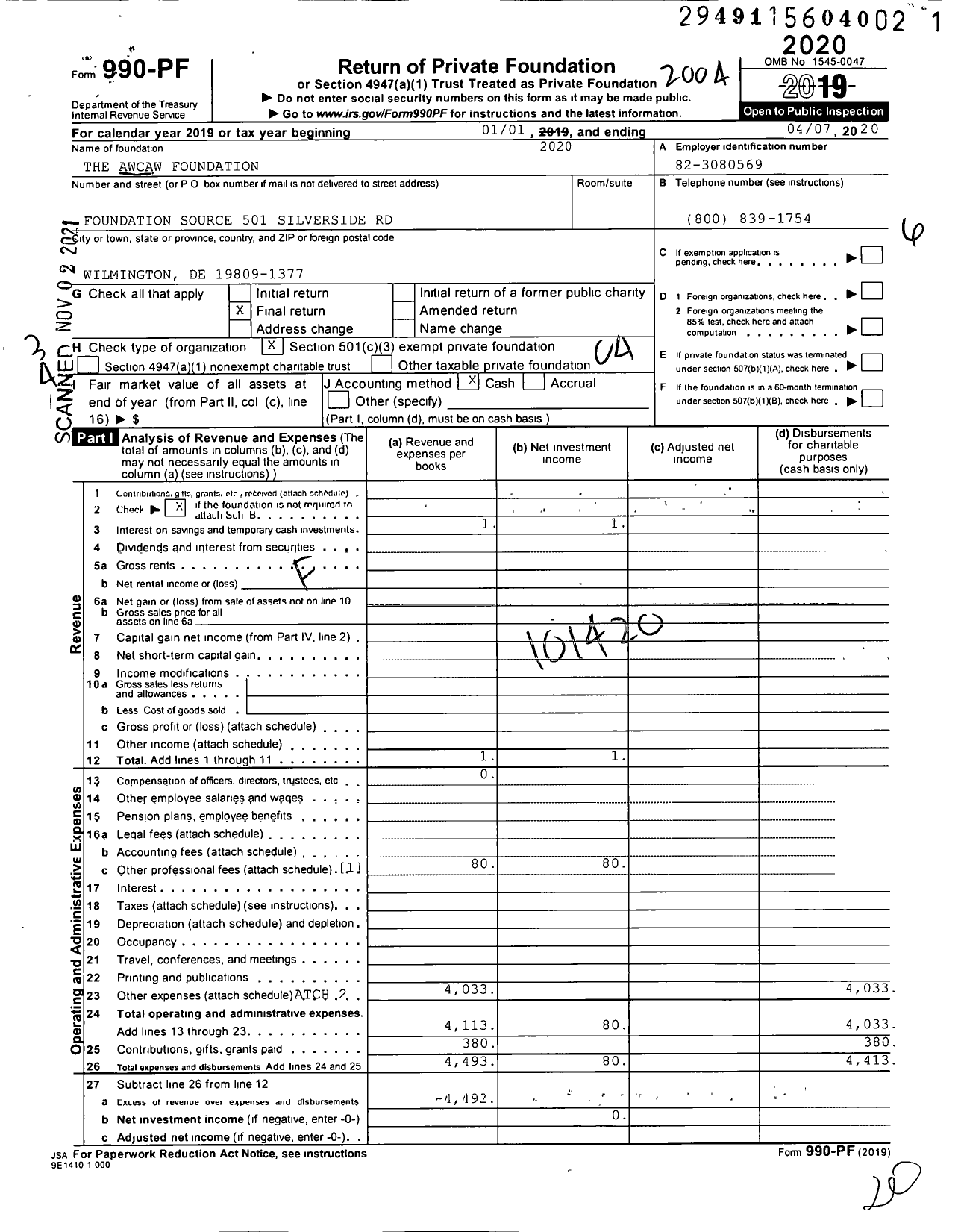 Image of first page of 2019 Form 990PF for The AWCAW Foundation