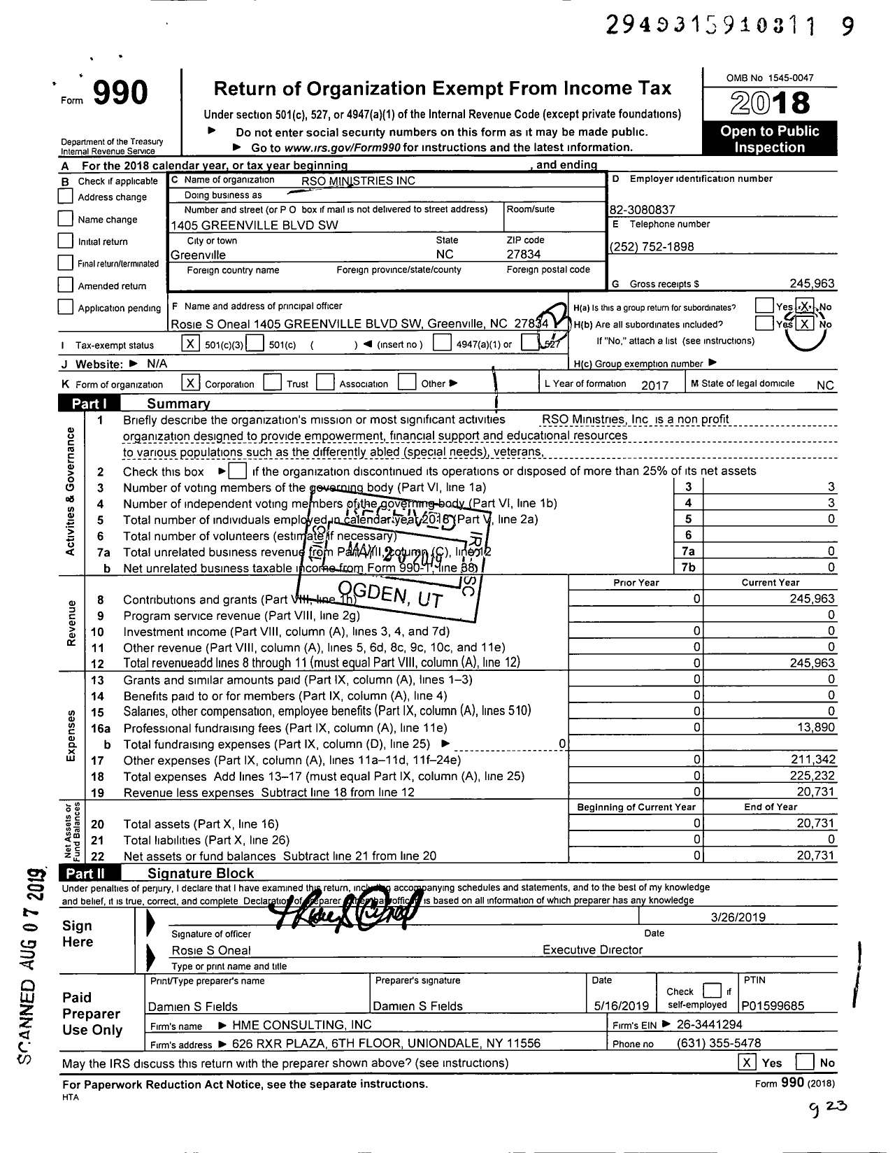 Image of first page of 2018 Form 990 for Rso Ministries