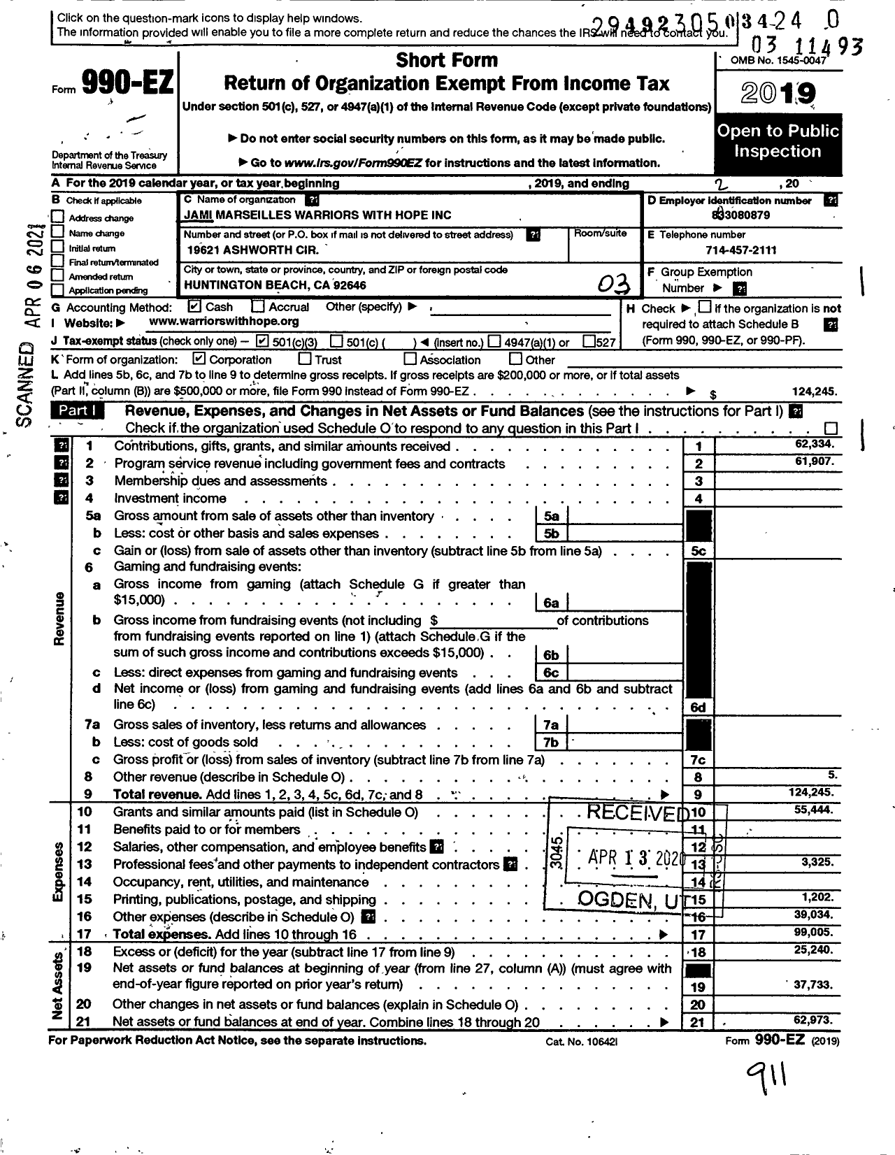 Image of first page of 2019 Form 990EZ for Jami Marseilles Warriors with Hope