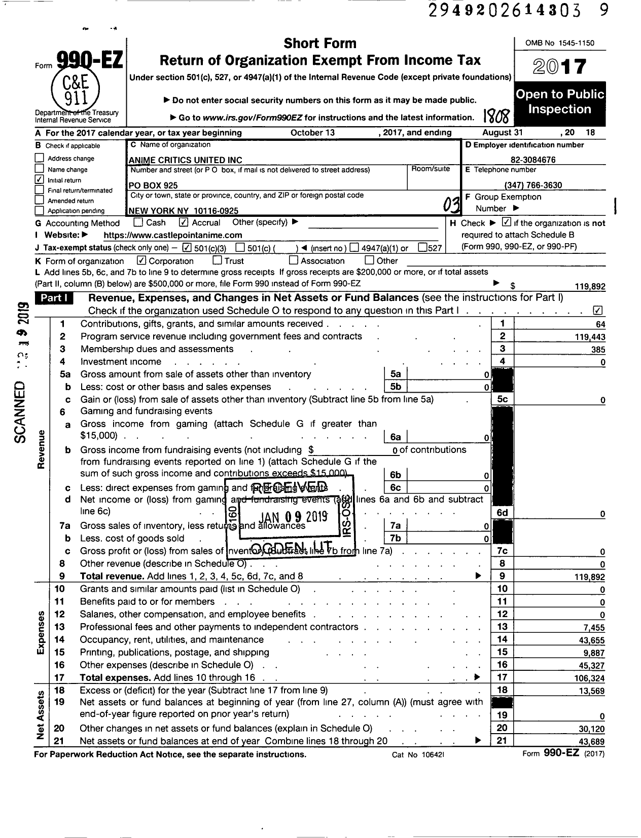 Image of first page of 2017 Form 990EZ for Anime Critics United