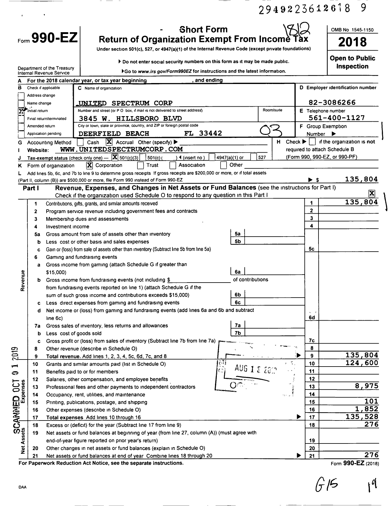 Image of first page of 2018 Form 990EZ for United Spectrum Corporation