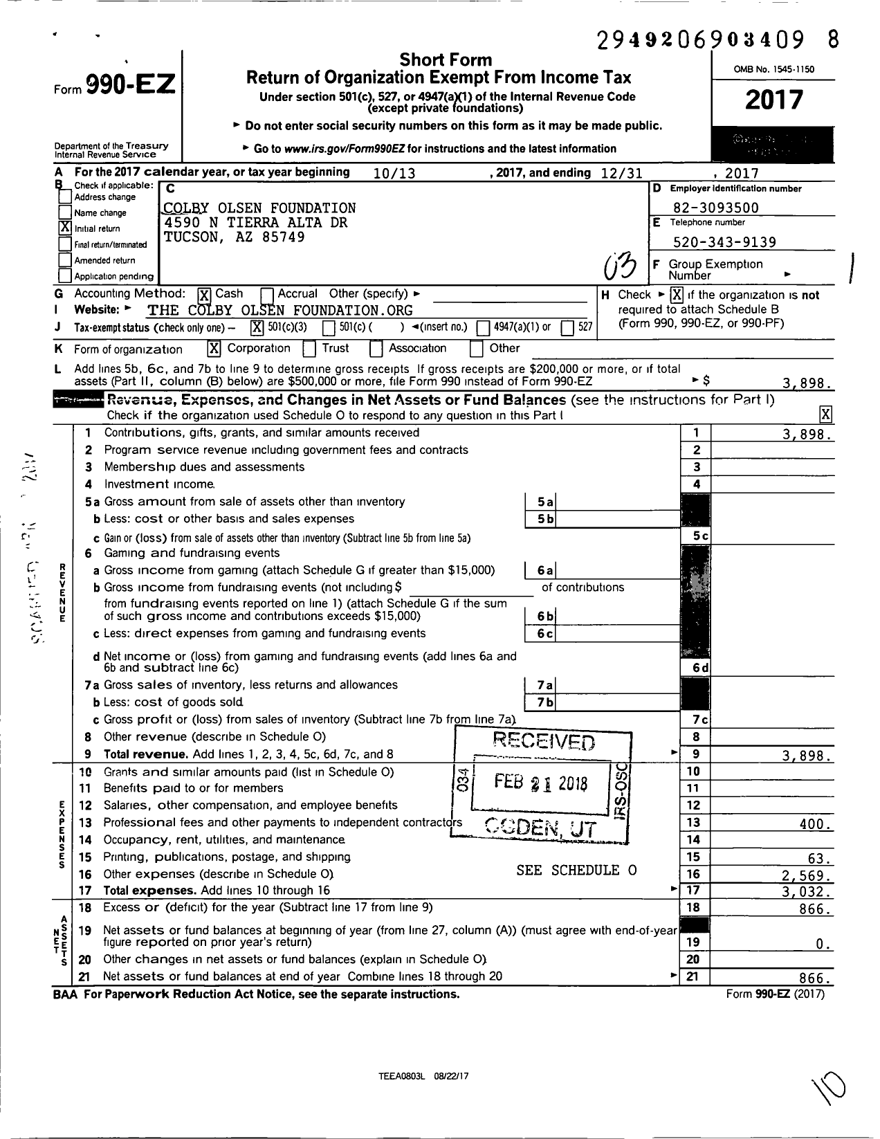 Image of first page of 2017 Form 990EZ for Colby Olsen Foundation