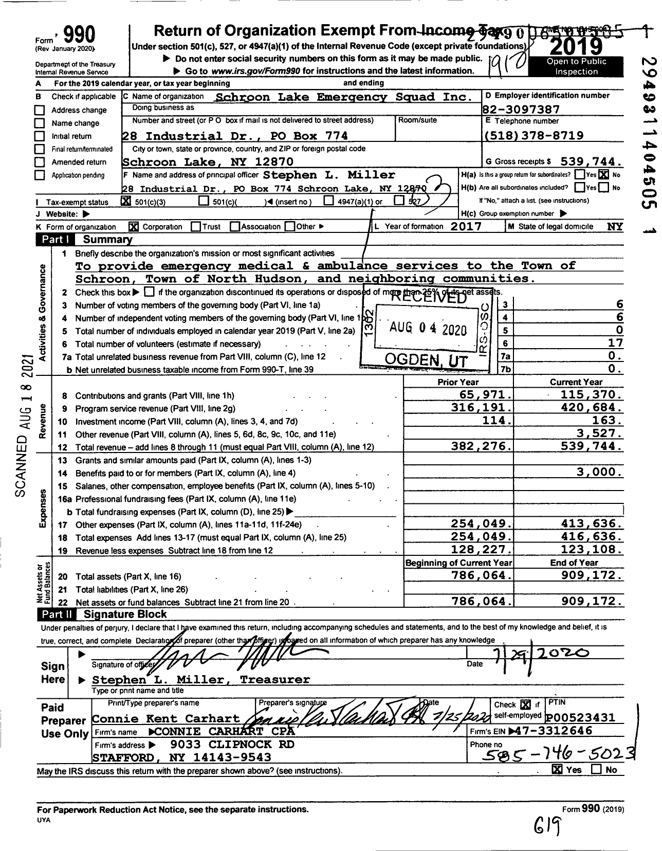 Image of first page of 2019 Form 990 for Schroon Lake Emergency Squad