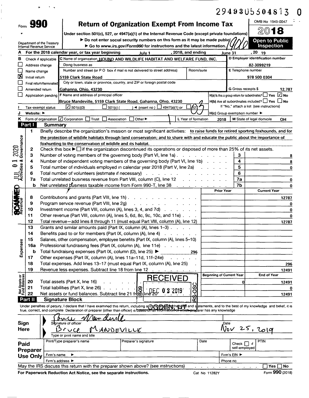 Image of first page of 2018 Form 990 for Hound and Wildlife Habitat Welfare and Educational Fund